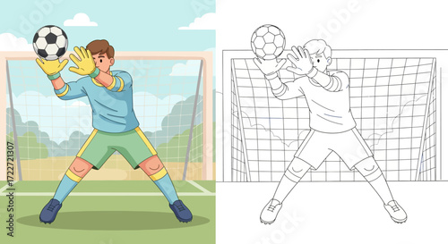 Determined Soccer Goalkeeper Catching Ball Dynamic Sports Illustration with Outline Version