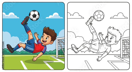 Happy Cartoon Boy Kicking Soccer Ball Overhead