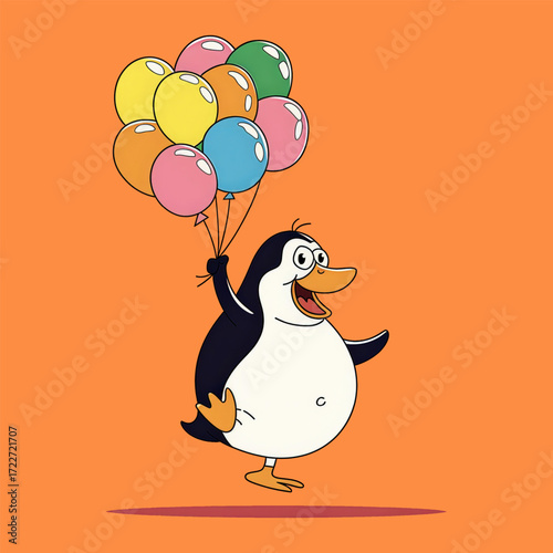 Cute cartoon penguin smiling and holding colorful balloons on orange background.