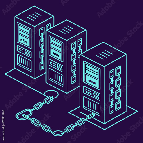 Connected server racks with a digital chain symbolizing data security and network infrastructure