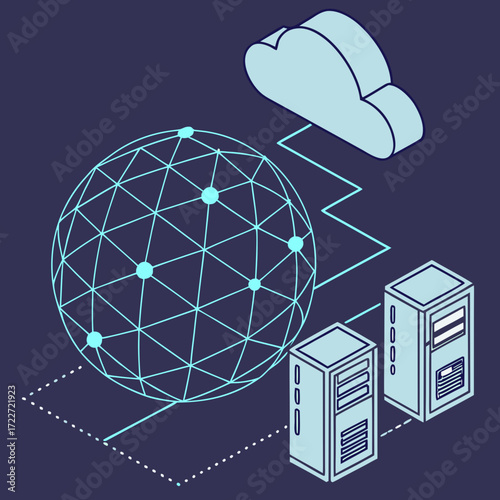 Global network connection and cloud computing infrastructure with servers and data visualization