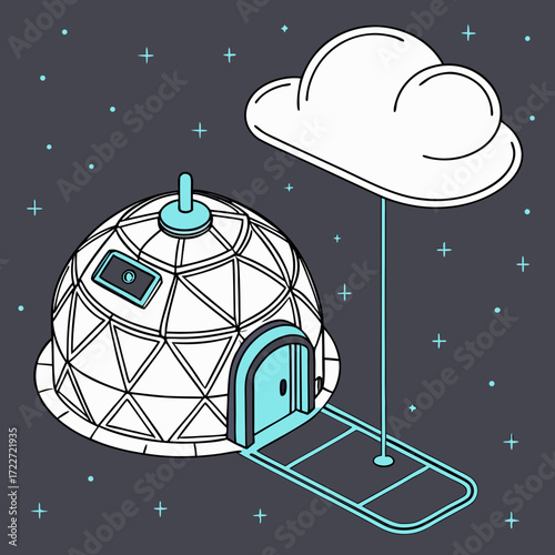 Futuristic geodesic dome dwelling with a cloud hovering above in a starry night sky