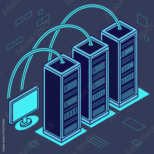 Isometric illustration of a computer monitor connected to three server racks in a data center