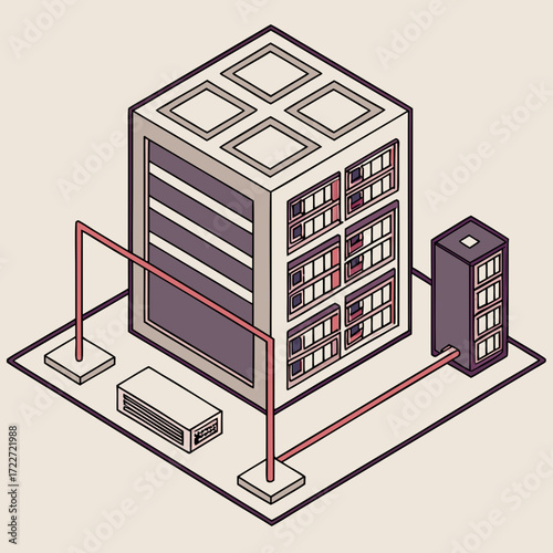 Isometric illustration of a modern data center server rack with cooling unit and network cables