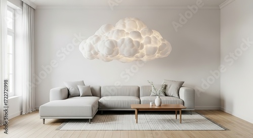 Dreamy living room interior design with elegant cloud lamp creates a calming and modern space for relaxation and family time at home