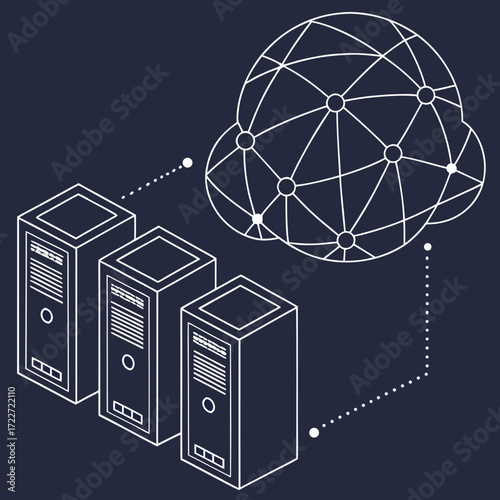 Isometric illustration of server racks connected to a global network cloud on a dark background