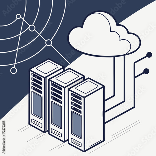 Isometric illustration of three server racks connected to a cloud icon with a network diagram background