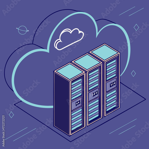 Isometric illustration of three server racks within a stylized cloud outline on a dark blue background
