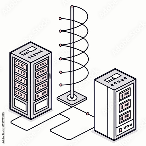 Isometric illustration of two server racks connected to a central antenna broadcasting data wirelessly