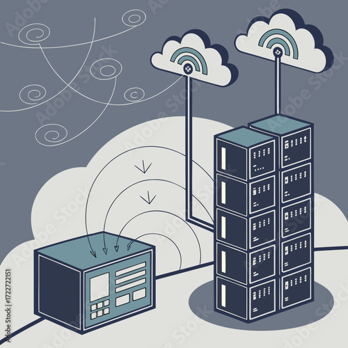 Modern cloud computing network infrastructure with servers and wireless data transfer connections