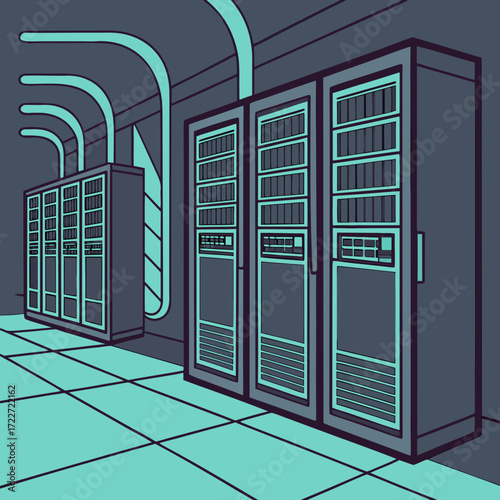 Modern data center server racks with cooling pipes and tiled floor in a minimalist style