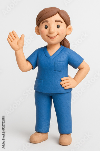 Clay Figurine of Female Nurse in Uniform on White Background