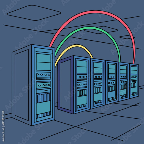 Modern server racks connected with colorful cables in a dark data center room
