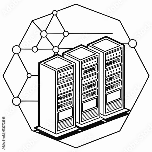 Stylized line art illustration of three server racks connected to a geometric network diagram