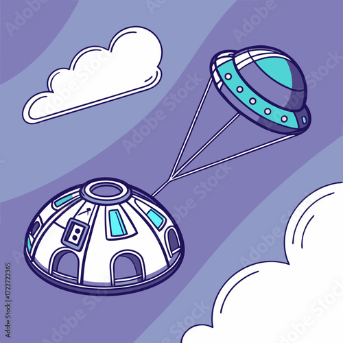 Whimsical cartoon spaceship descending with a parachute through a cloudy purple sky