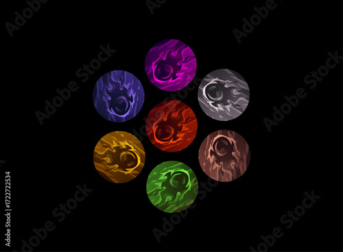 Multicolor Fireball Magic Spell Icon Set – Elemental RPG Ability Symbols in Red, Blue, Green, Purple, Orange, Silver, and Brown for Fantasy Game UI, HUD, and Mobile Attack Buttons