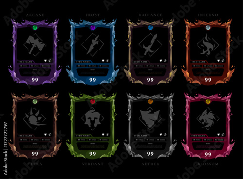 Elemental Fantasy Trading Card Template Pack – Arcane, Frost, Radiance, Inferno, Terra, Verdant, Aether, and Blossom RPG TCG Frames for Fantasy Deck Builder, Collectible Cards, and Game UI