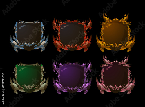 Fantasy Clan Badge Emblem Pack – Crystal RPG Rank Medals in Blue, Red, Gold, Green, Purple, and Pink for MMORPG, Trading Card Game, Guild Logos, Achievements, Rewards, and UI Icons