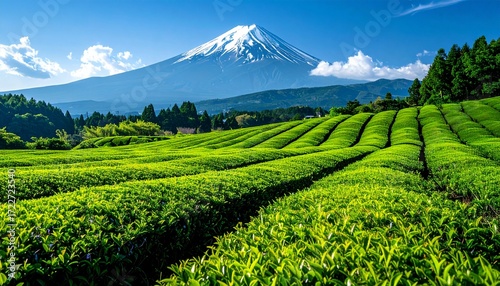 Lush tea fields stretching towards a majestic snow-capped mountain