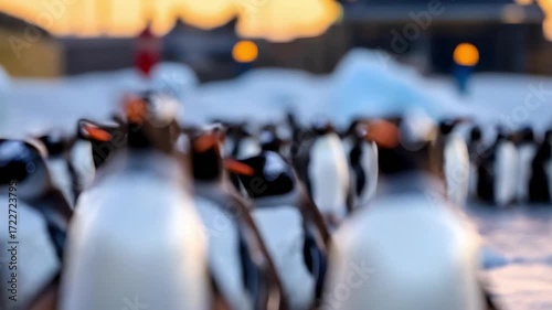 Wallpaper Mural A line of penguins marching across a snowy ice field under a warm sunset glow. Torontodigital.ca