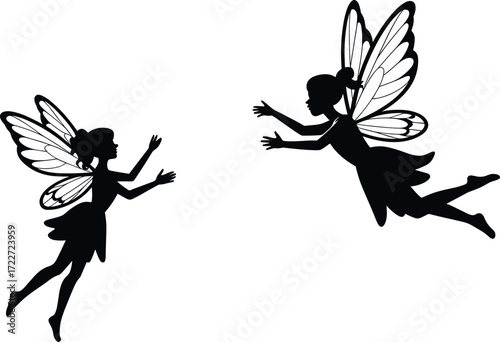 Fairy silhouettes flying, magical fantasy illustration, black and white fairies art, whimsical wings design, enchanted characters graphic, mystical storytelling artwork
