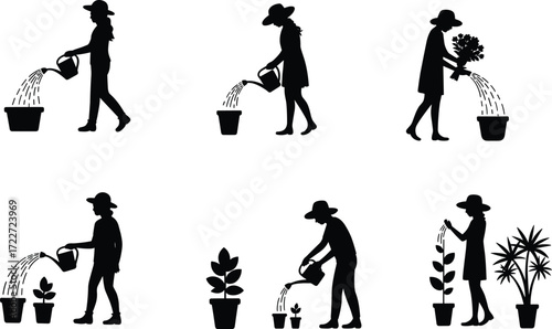 Plant growth silhouettes, people watering plants, gardening care illustration, nurturing nature artwork, environmental concept drawing, sustainability vector design, eco lifestyle sketch