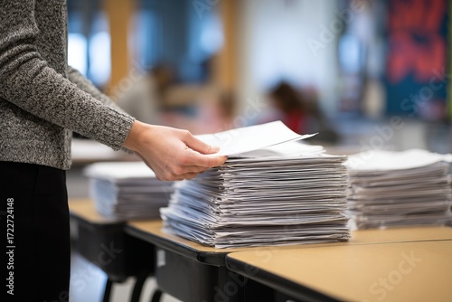 Teacher distributing exam papers in classroom