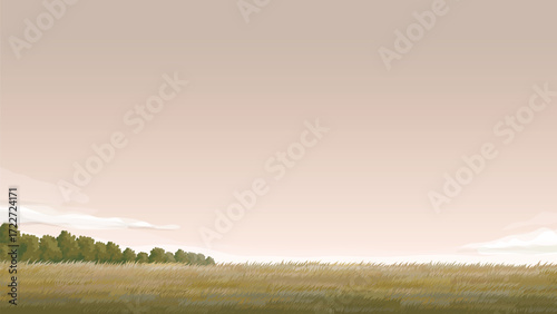 Realistic Landscape of Autumn Wilderness Serene Prairie with Overcast Sky Vector Illustration