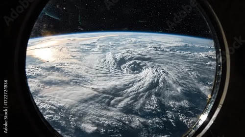 Earth From Space Showing Hurricane Through Porthole Window