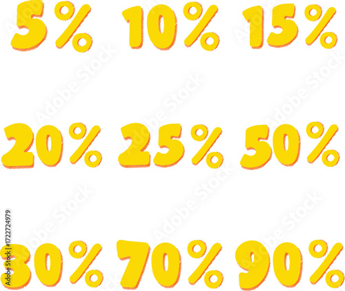 Colorful yellow percentage numbers from 5% to 90%, perfect for highlighting discounts, sales offers, promotions, or marketing materials.