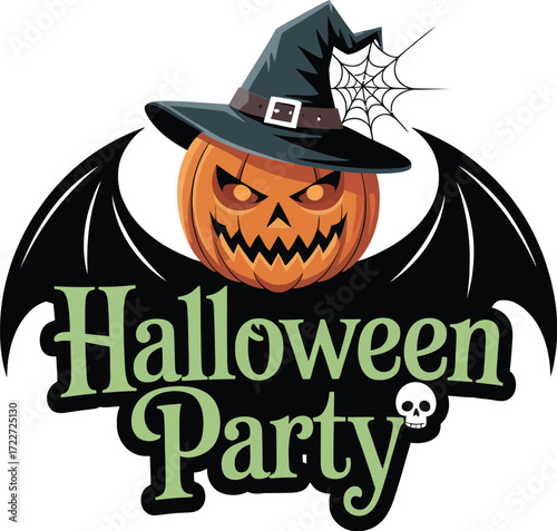 Spooky Halloween party invitation with a grinning pumpkin and witch hat