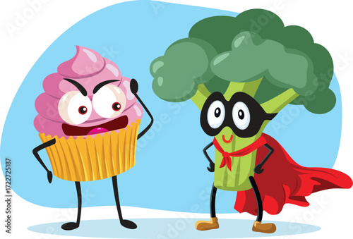 Good Broccoli versus Evil Cupcake Food Concept Illustration. Healthy and unhealthy different kind of foods 
