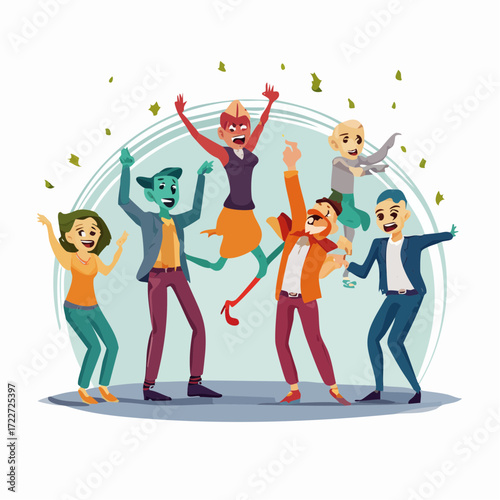 Joyful illustration of a diverse and energetic group of happy individuals celebrating success and camaraderie with enthusiastic dance moves at a vibrant party event
