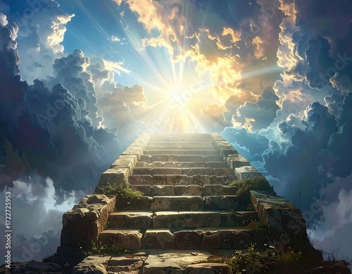 Stone stairway ascends to a radiant sky