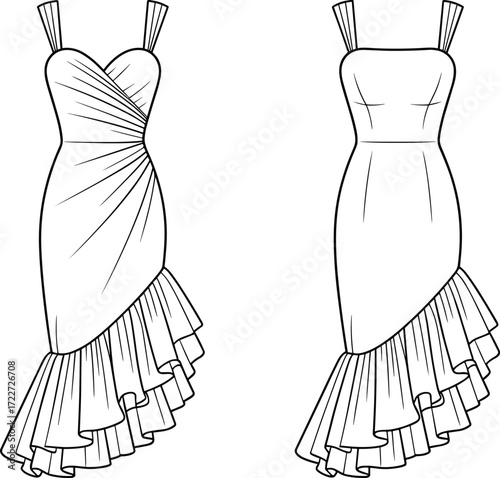 Elegant fashion illustration, sleeveless dresses, asymmetrical ruffled hem, sweetheart neckline, straight neckline, ruched bodice, minimalist design, couture sketch, stylish garment drawing