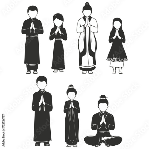 black and white style, new year greetings, vector, transparent background, people, worship, icons, icon, pattern, religion, asia, culture, buddhist, temple