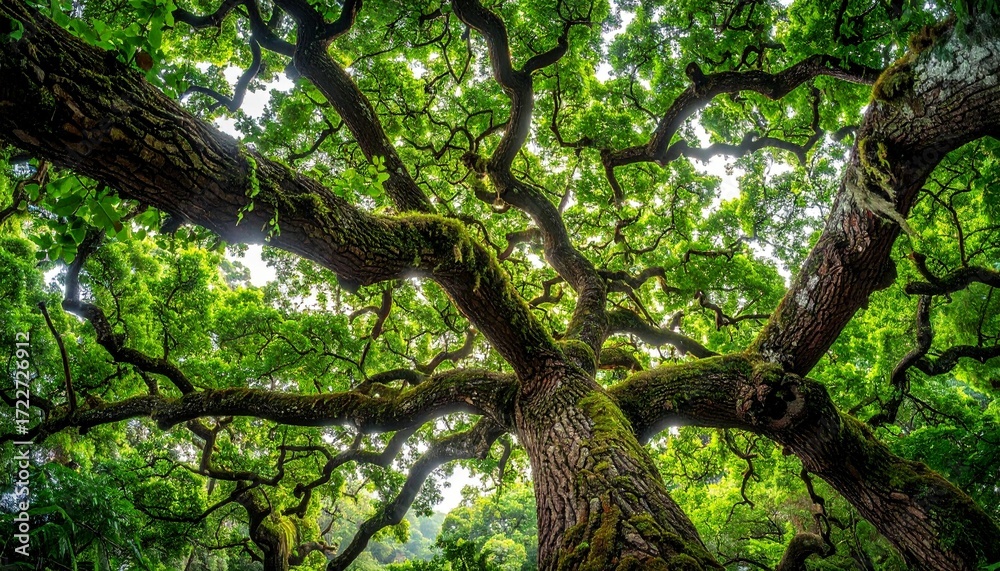 Naklejka premium An upward view of a large tree, featuring its extensive branches and lush green foliage, creating a textured canopy against the bright sky