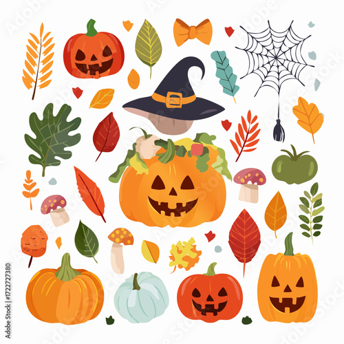 Halloween Pumpkin and Autumn Leaves Illustration