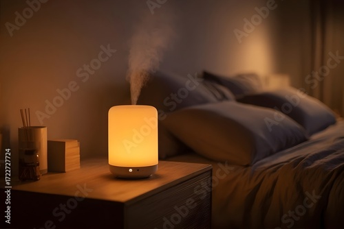 Warm light from humidifier illuminates bedside table.
