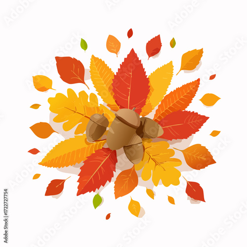 Vibrant autumn arrangement of colorful fallen leaves and natural acorns, celebrating the essence and beauty of the fall season with warm, rich hues
