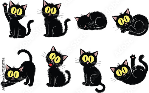 Playful black cartoon cats in various adorable poses, expressing different emotions