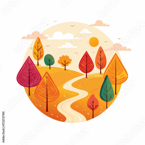 Whimsical Autumn Landscape with Colorful Trees and Winding Path