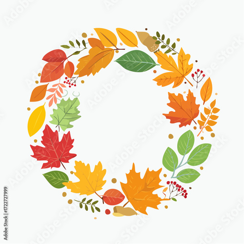 A decorative circular frame made of colorful autumn leaves, berries, and foliage. This vector illustration represents the concept of a fall harvest festival