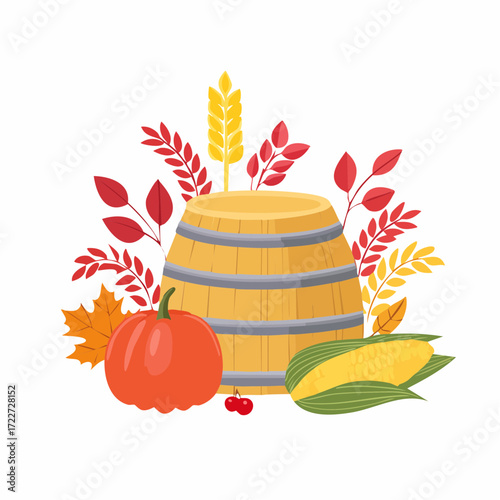 Autumn harvest illustration featuring a rustic wooden barrel, plump pumpkin, golden corn, and colorful fall foliage, symbolizing seasonal abundance