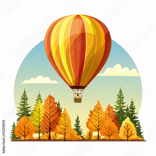 Vibrant autumn landscape illustration featuring a majestic hot air balloon floating serenely above a picturesque forest ablaze with yellow, orange, and red fall foliage
