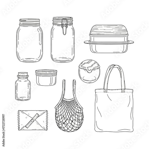 Eco-Friendly Reusable Containers and Bags Sustainable Lifestyle Outline Icons