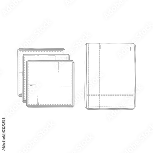 Set of Square Napkins and Folded Napkin in Vector Outline, Isolated on White Background