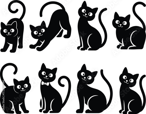 Collection of playful black cat silhouettes in various cute poses