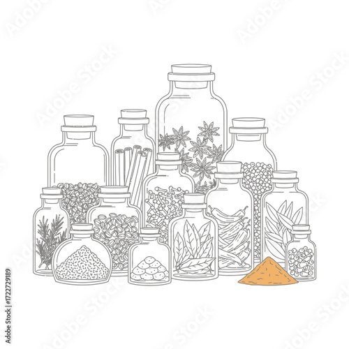 Line art illustration of diverse dried spices and fragrant herbs, neatly stored in glass jars, depicting culinary and holistic wellness concepts