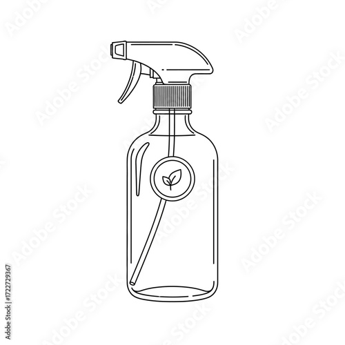 Minimalist line art illustration of an eco-friendly refillable spray bottle, perfect for sustainable home cleaning, gardening, or beauty solutions, featuring a delicate leaf emblem